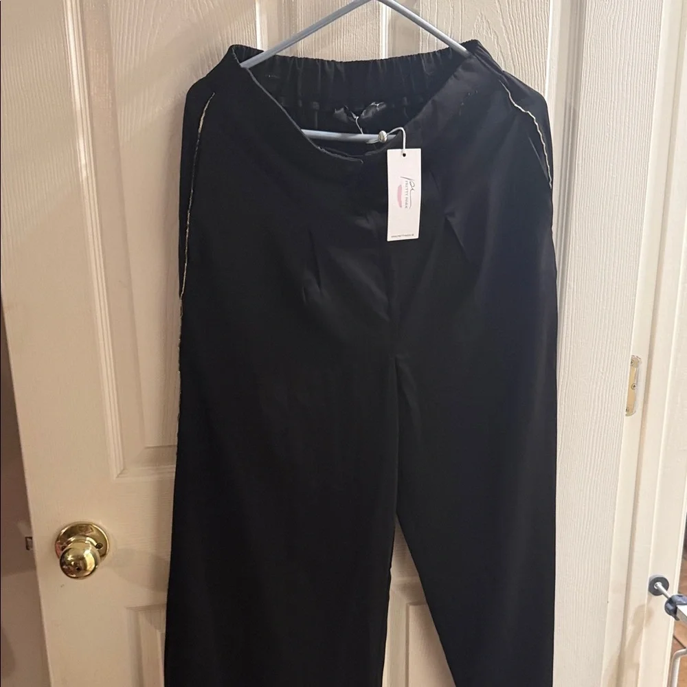 Ever Pretty Black Pants with Tan Polka Dot Blouse - Picture 2 of 3